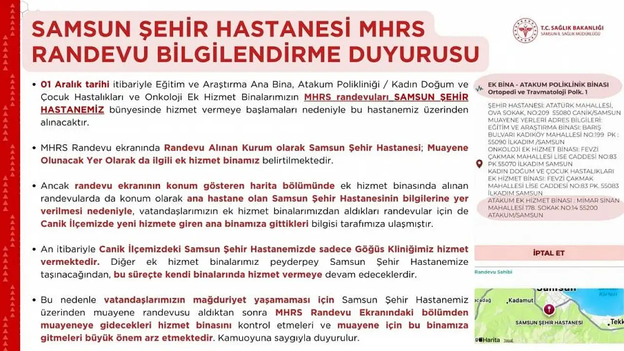 Samsun Şehier Hastanesinden randevu alanlar dikkat!