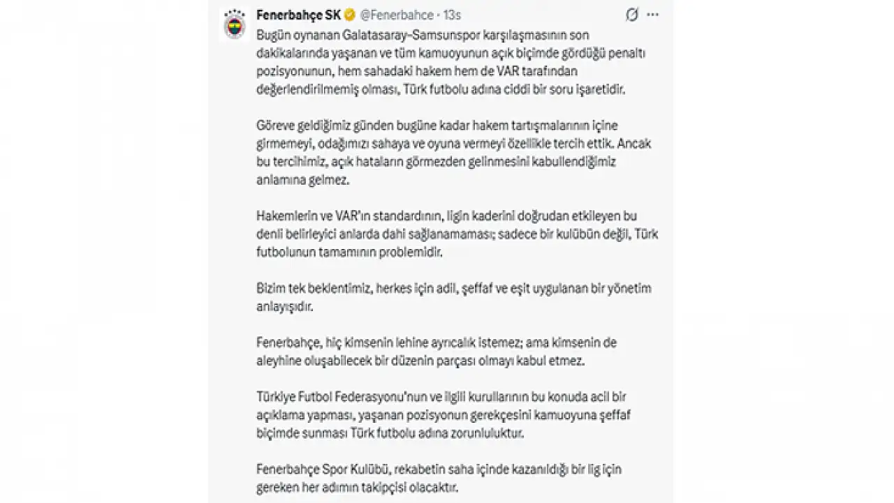 Fenerbahçe'den Samsunspor açıklaması