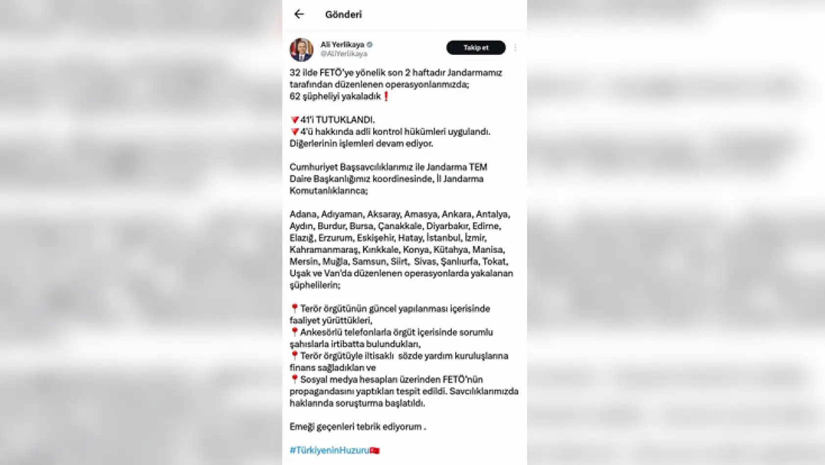 32 ilde FETÖ operasyonu: 62 şüpheli yakalandı