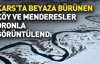 Kars'ta karla kaplanan köyler ve menderesler dronla görüntülendi