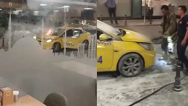 Kağıthane'de yangın paniği kamerada: Taksi alev alev yandı