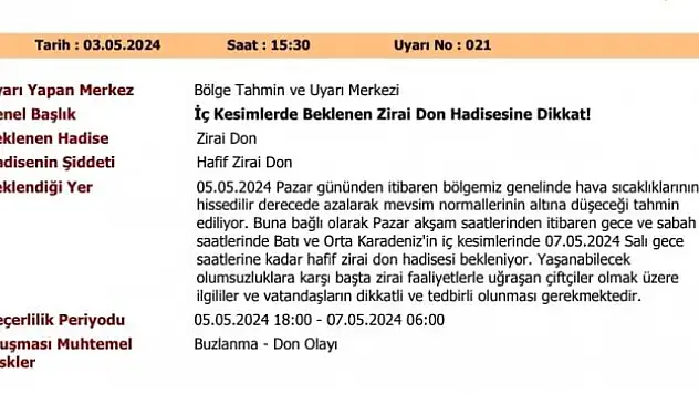 Samsun için zirai don uyarısı