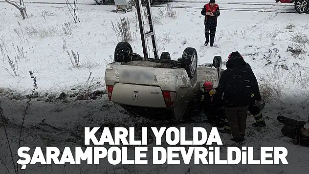 Karlı yolda şarampole devrildiler