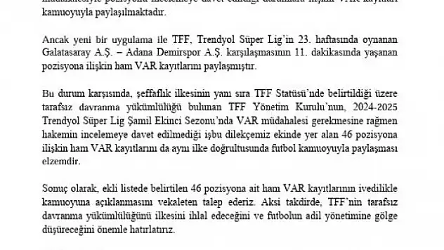 Galatasaray'dan TFF'ye başvuru