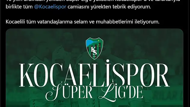 Cumhurbaşkanı Erdoğan'dan, Kocaelispor'a tebrik