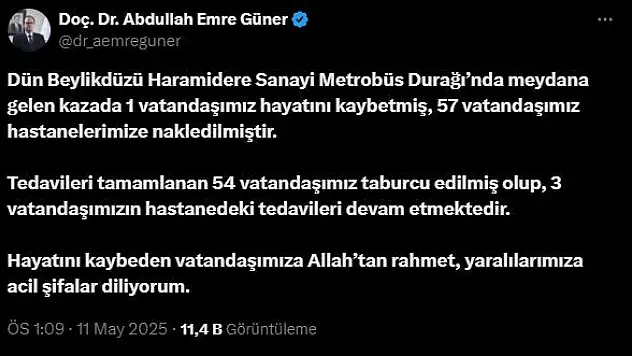 'Metrobüs kazasında 1 vatandaşımız hayatını kaybetti'