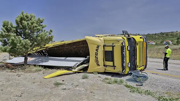 Kontrolden çıkan tır devrildi