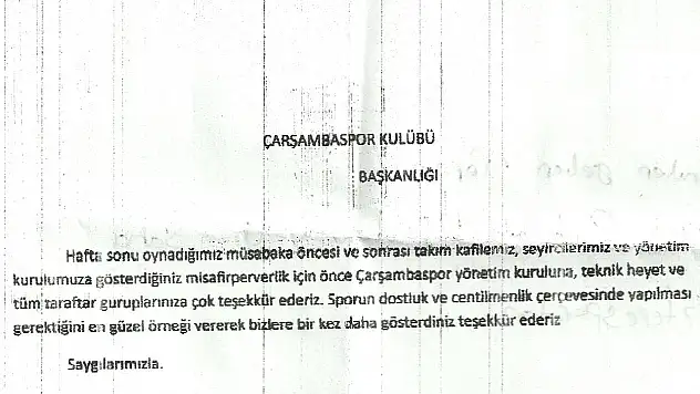 Çarşambaspor Kulübüne teşekkür faksı