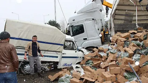 Kaza yapan TIR' da ki sebzeler kaldırıma savruldu
