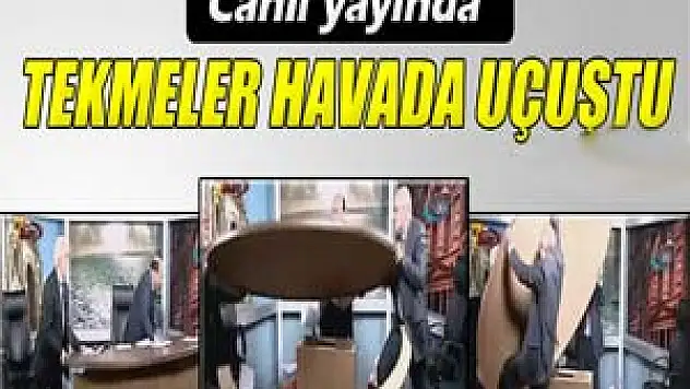 Canlı yayında kavga ederken masayı kırdılar