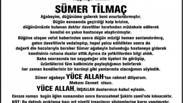 Sedat Peker'den Sümer Tilmaç'ın vefatına gazete ilanıyla açıklama