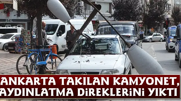Pankarta takılan kamyonet, aydınlatma direklerini yıktı