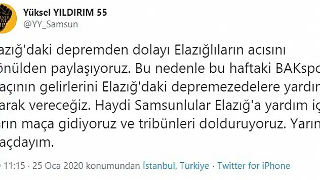 Samsunspor maçının geliri depremzedelere
