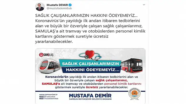 Samsun'da sağlık çalışanlarına ücretsiz ulaşım müjdesi