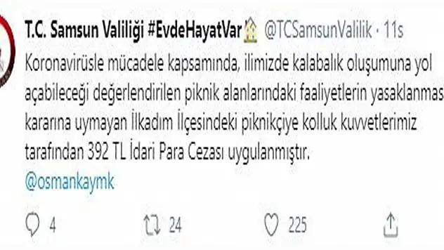 Samsun'da piknikçiye 392 TL ceza