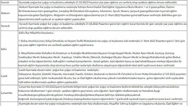 Samsun'da eğitime kar engeli