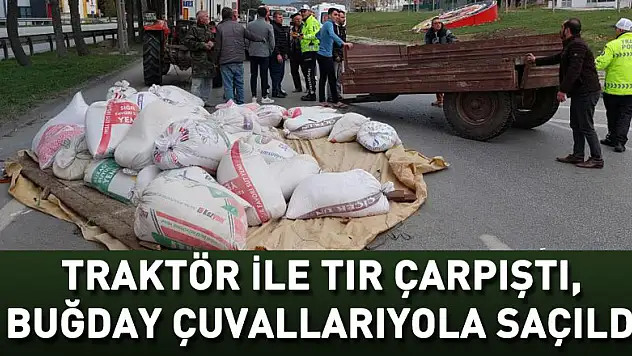 Traktör ile tır çarpıştı, buğday çuvalları yola saçıldı