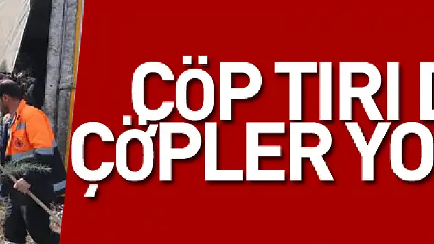 çöp tırı devrildi, çöpler yola saçıldı