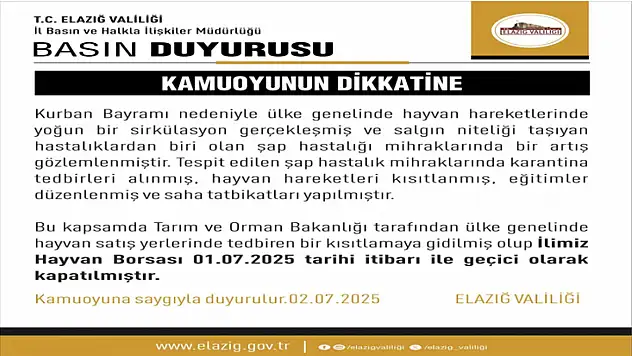 Hayvan Borsası, şap tedbirleri geçici olarak kapatıldı