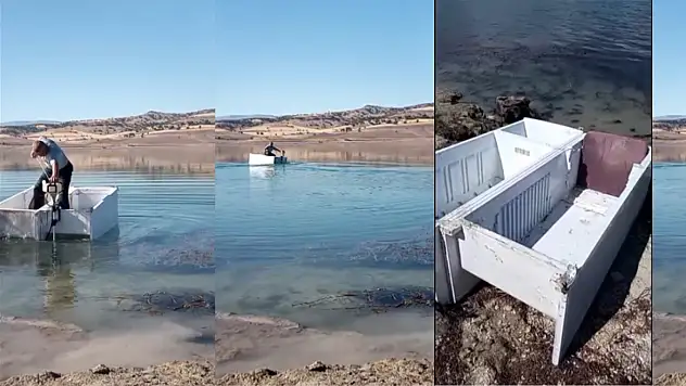 Hurda buzdolaplarından kayık yaptı, barajda turlamaya başladı!