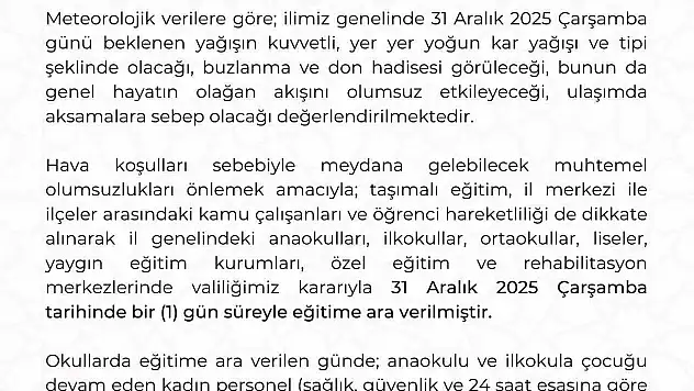 Kayseri'de eğitime 1 gün ara verildi