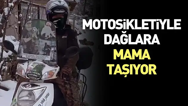 Motosikletiyle dağlara mama taşıyor