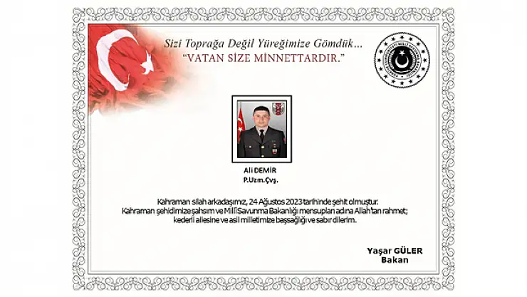 Pençe-Kilit Operasyonu bölgesindeki taciz ateşi sonucu Piyade Uzman Çavuş Demir şehit oldu