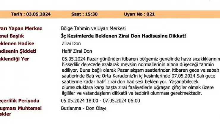 Samsun için zirai don uyarısı