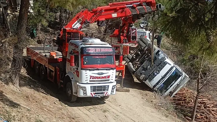 Tomruk yüklü kamyon devrildi sürücü yaralandı