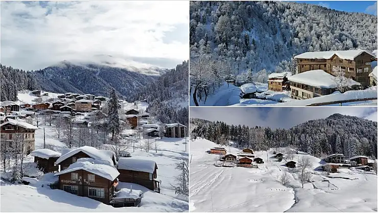 Karla kaplanan Ayder Yaylası dronla görüntülendi