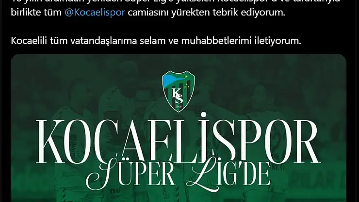 Cumhurbaşkanı Erdoğan'dan, Kocaelispor'a tebrik