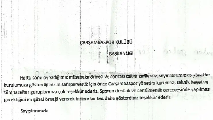 Çarşambaspor Kulübüne teşekkür faksı