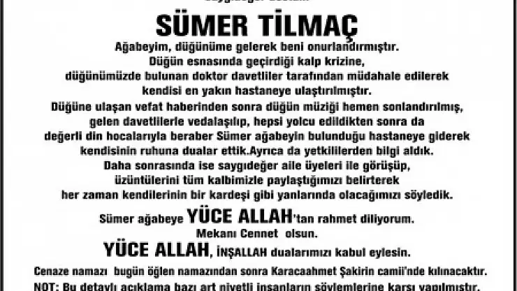 Sedat Peker'den Sümer Tilmaç'ın vefatına gazete ilanıyla açıklama