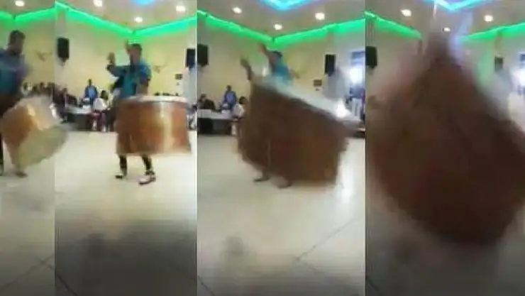 Kayışı kopan davul kadına çarptı