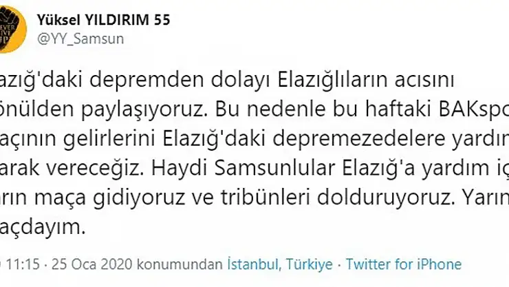 Samsunspor maçının geliri depremzedelere