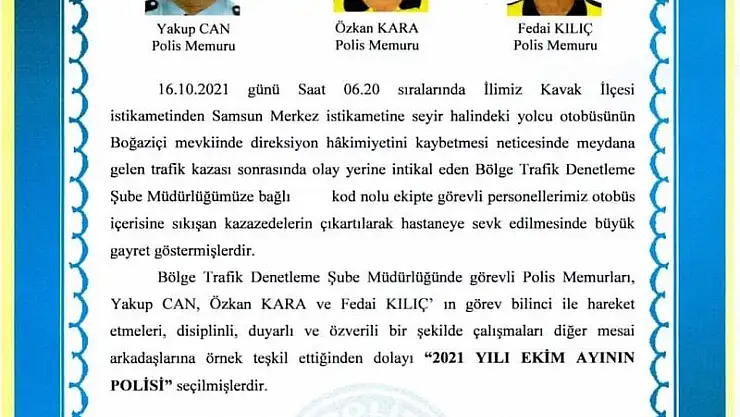 Otobüs kazasına ilk müdahaleyi yapan polisler 'ayın polisi' seçildi
