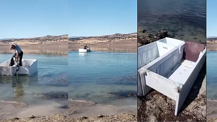 Hurda buzdolaplarından kayık yaptı, barajda turlamaya başladı!