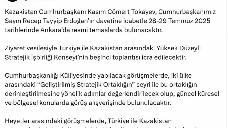 Kazakistan Cumhurbaşkanı, Türkiye'ye geliyor