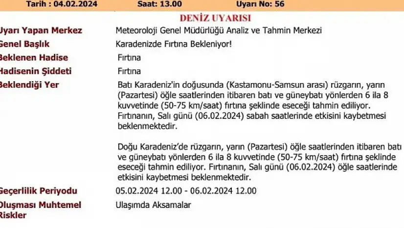 Karadeniz Bölgesi'ne Uyarı