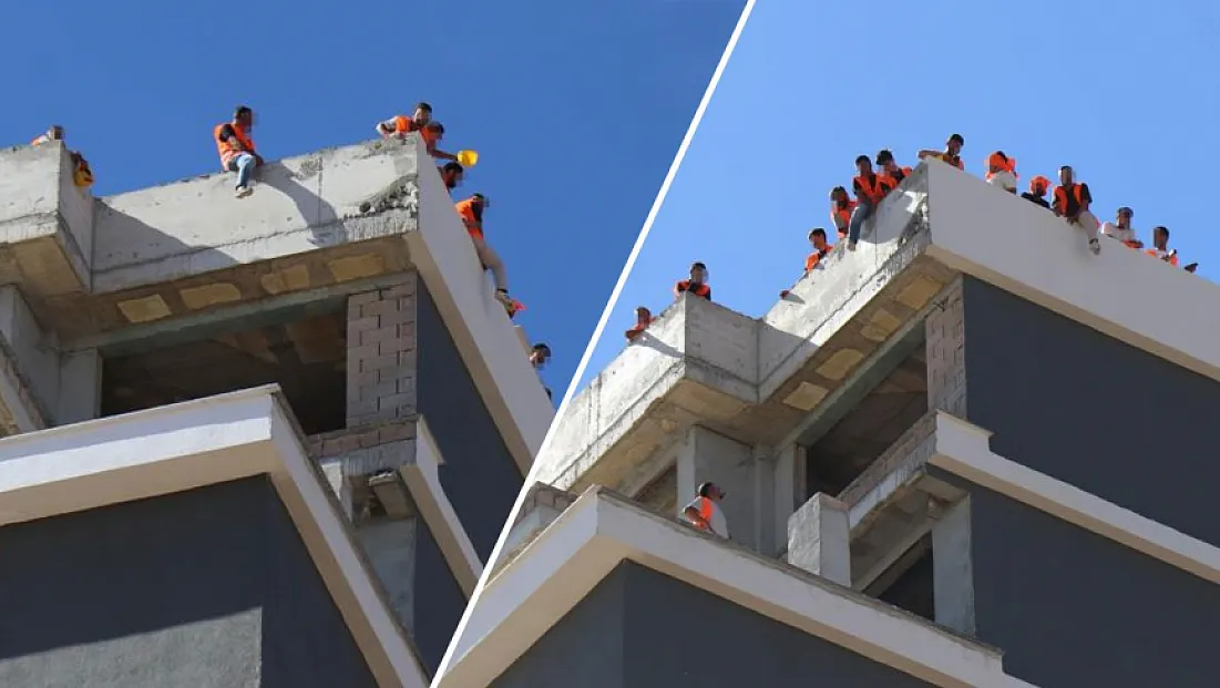 Denizli'de inşaat işçilerinden 15 katlı binanın çatısında hak arayışı