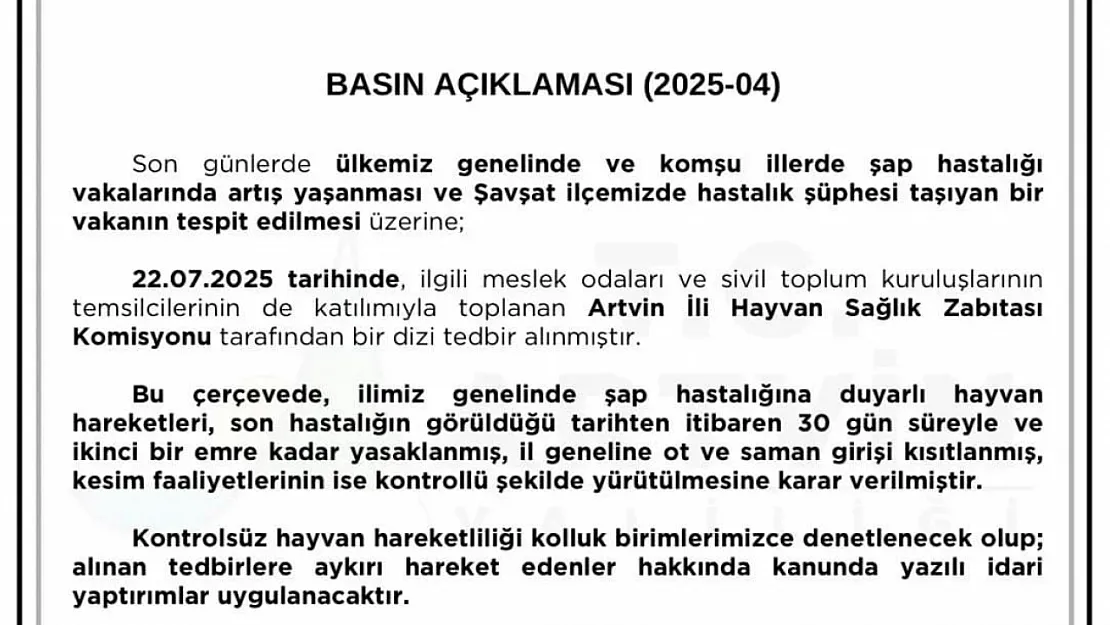 Artvin'de şap hastalığına sıkı tedbir