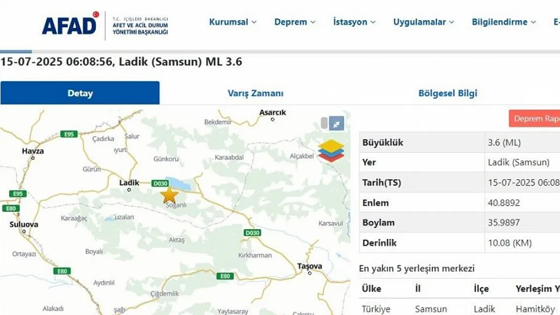Samsun'un o ilçesinde deprem oldu