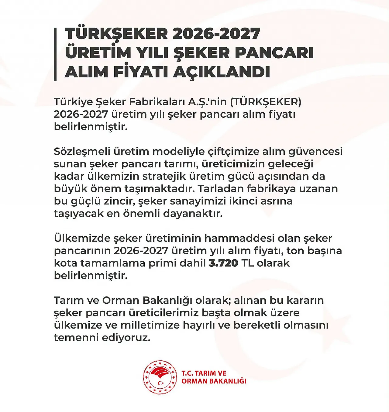 2026-2027 şeker pancarı alım fiyatı açıklandı