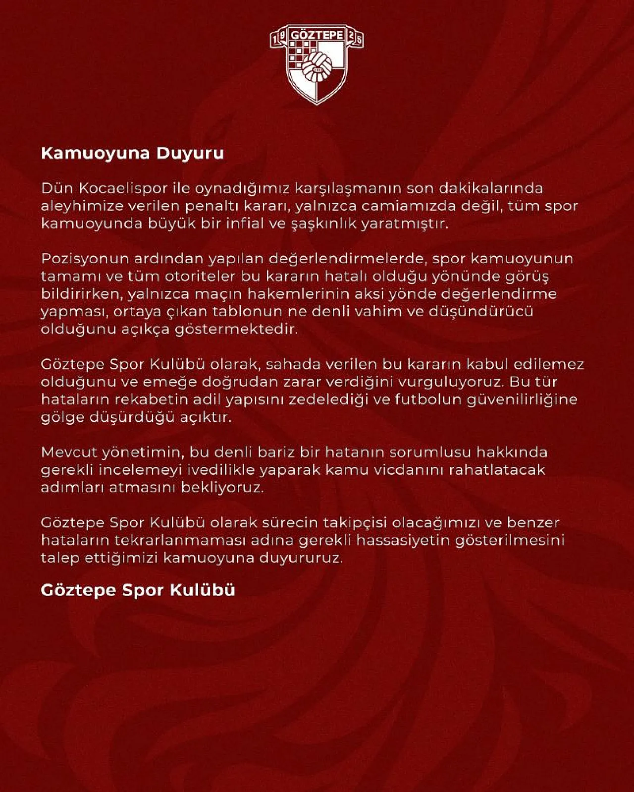 Göztepe'den hakem tepkisi