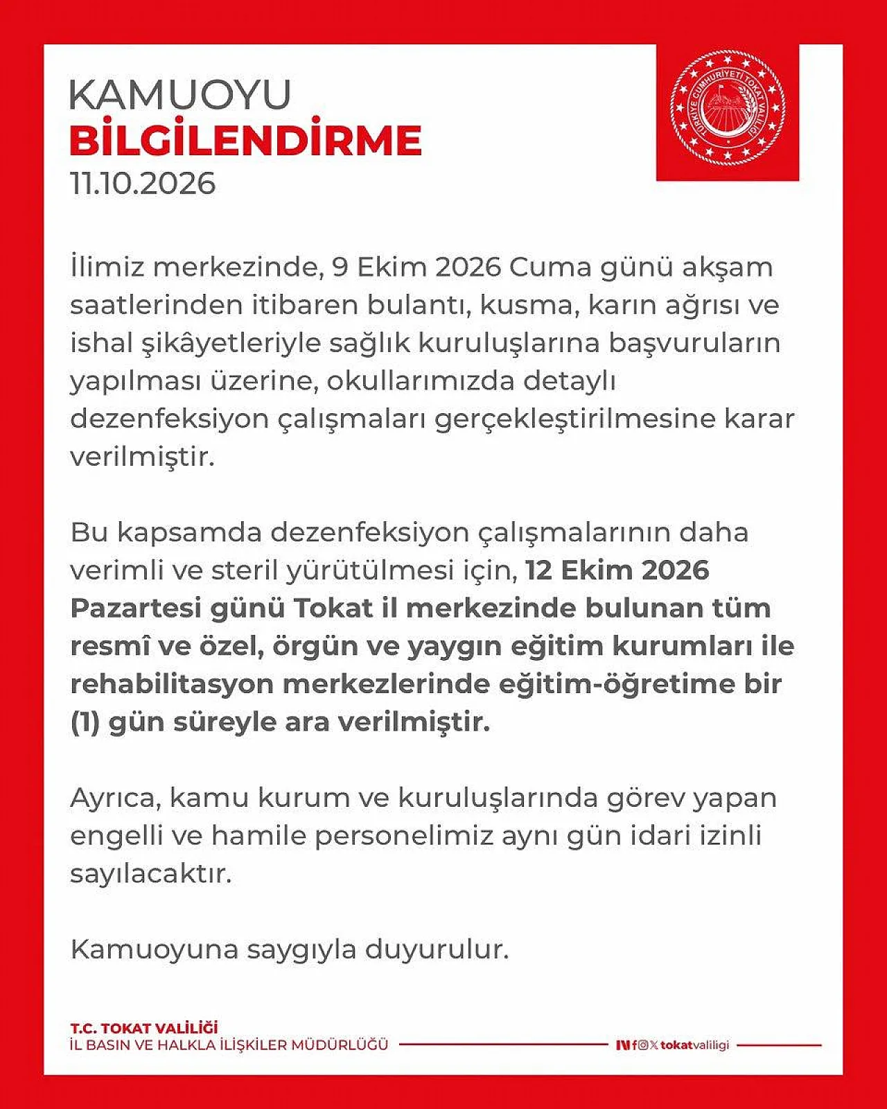 Tokat'ta eğitime bir gün ara verildi