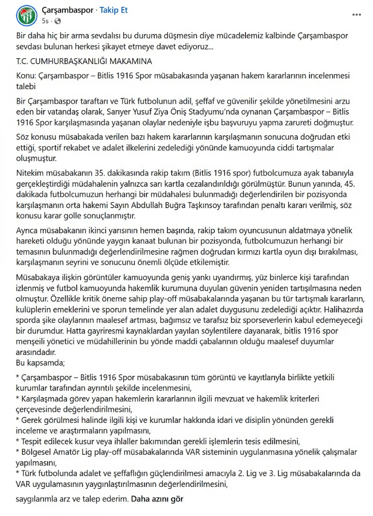 Çarşambaspor taraftarlarından CİMER hamlesi