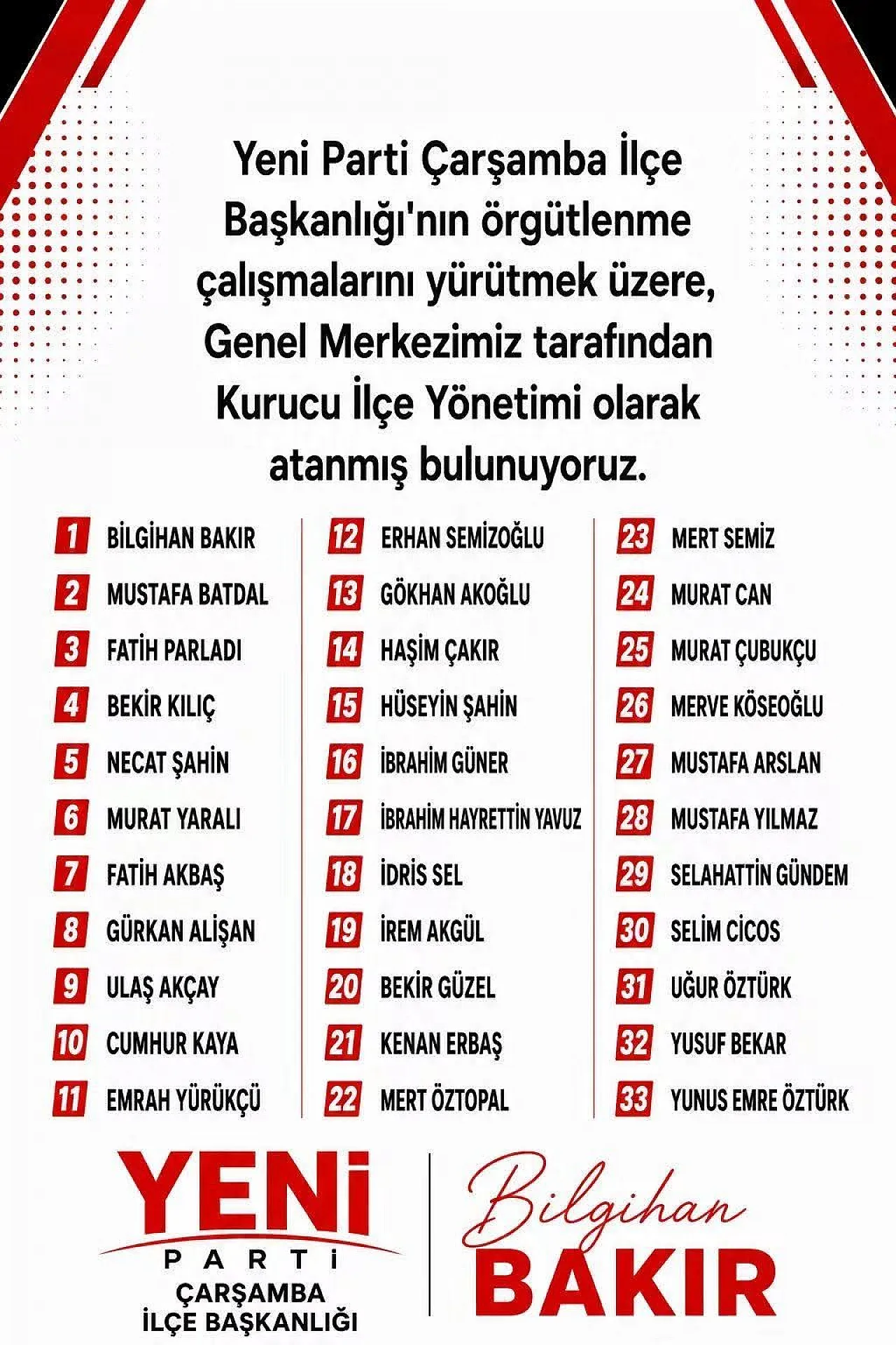 Yeni Partinin Çarşamba kadrosu belli oldu