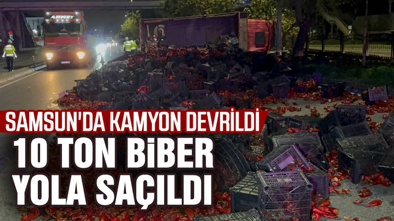 Samsun'da kapya biber yüklü kamyon devrildi, 10 ton biber yola saçıldı
