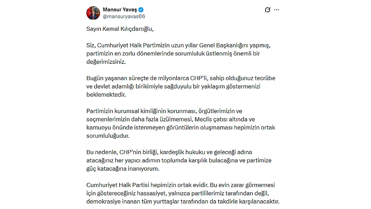 Mansur Yavaş'tan Kılıçdaroğlu'na birlik ve sağduyu çağrısı