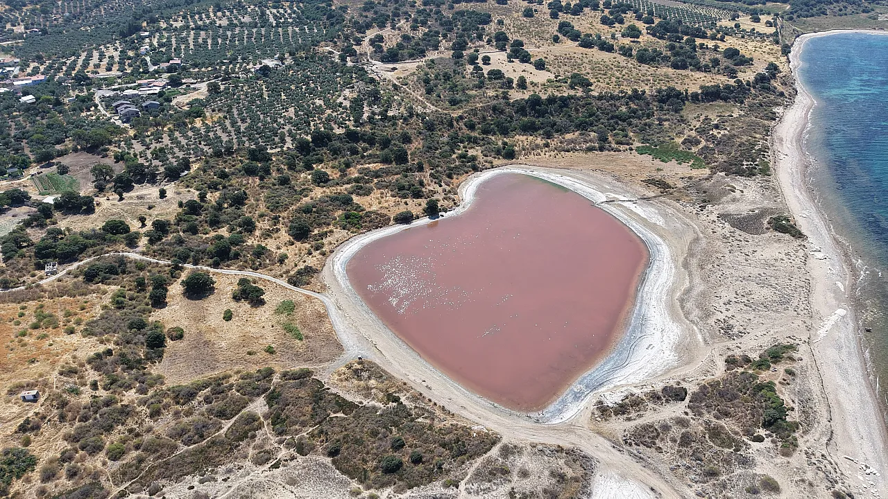 Çanakkale'nin 'Kalpli Göl'ü yeniden pembeye büründü